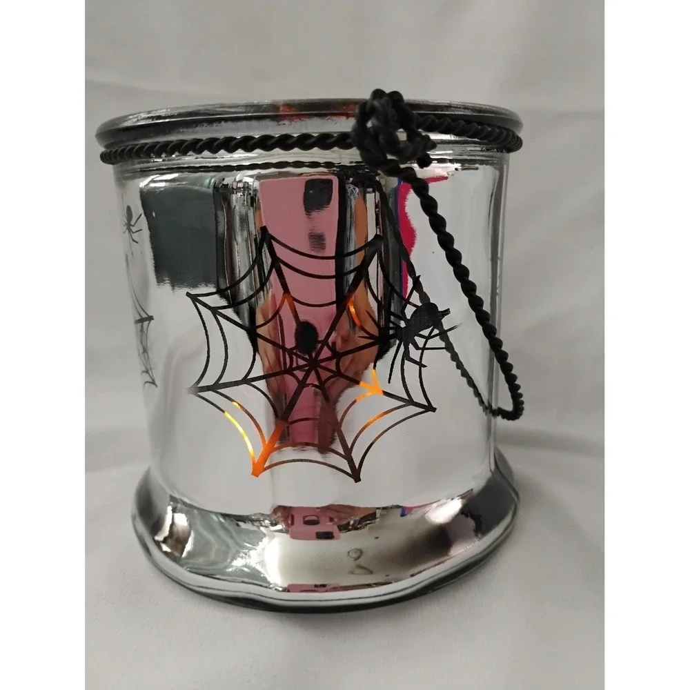 Halloween‎ Spider Web Candle Holder Lantern, Silver Glass Decoration